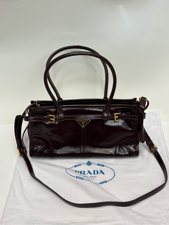 Prada Handbags - Prada Wine Red Patent Leather Shoulder Bag with Gold Hardware
